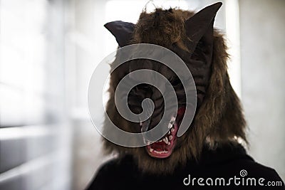 Scary model with wolf mask. halloween Stock Photo