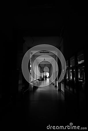 Scary moment in the hallway of university. Stock Photo