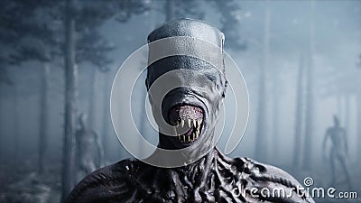 Scary monster in fog night forest. Fear and horror. Mistic and ufo concept. 3d rendering. Stock Photo