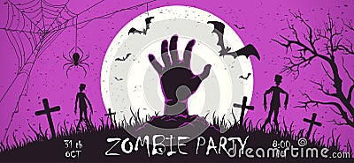 Purple Halloween Banner with Zombie Party Vector Illustration