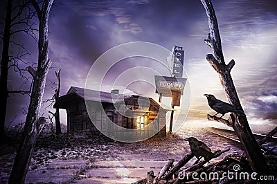 Scary motel in desolate area Stock Photo