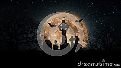 Scary night landscape with red full moon, graveyard with crosses, bats and trees at midnight halloween. Scary dark wallpaper, Stock Photo