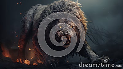 Scary Nightmare Creature: Lion In Fire Desktop Wallpaper Cartoon Illustration