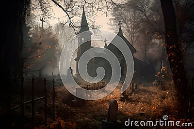 scary old abandoned graveyard and church in the woods at cloudy autumnal day, neural network generated photorealistic image Stock Photo