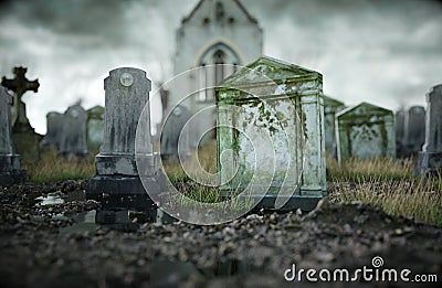 Scary old cemetery. church on grave. Halloween concept. 3d rendering Stock Photo