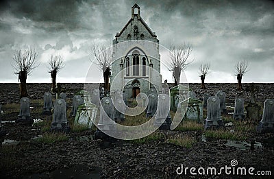 Scary old cemetery. church on grave. Halloween concept. 3d rendering Stock Photo