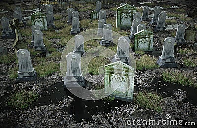 Scary old cemetery. church on grave. Halloween concept. 3d rendering Stock Photo