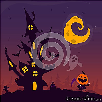 Scary old ghost haunted house with cemetery and flying ghosts. Halloween card or poster. Vector cartoon illustration Vector Illustration