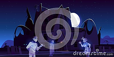 Scary old house with ghosts and cemetery at night Cartoon Illustration