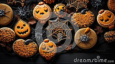 Scary orange gingerbread cookies in the shape of evil pumpkins, cobwebs close up isolated on black background Stock Photo