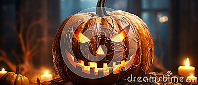 scary orange pumpkin, AI generated Stock Photo