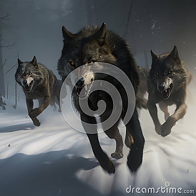 Scary pack of evil predatory wolves with big fangs run after prey, nightmare Cartoon Illustration