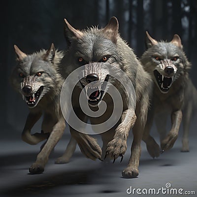 Scary pack of evil predatory wolves with big fangs run after prey, Cartoon Illustration