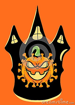 Scary Pumkin virus Halloween with black Castle background vector Vector Illustration