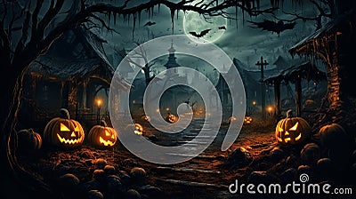 Scary pumpkins, creepy houses and bats in dark town on Halloween night Stock Photo