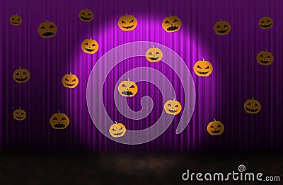 Scary pumpkins, Purple rising curtain with spotlight Stock Photo