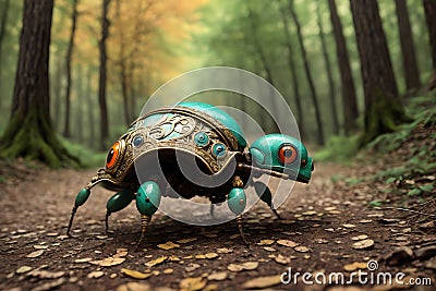 Scary small evil goblin-insect infected by parasite mushroom in the forest, AI generated Stock Photo