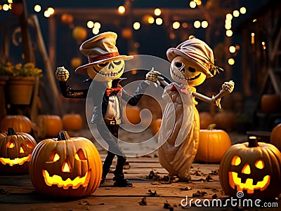 Scary smiling dancing skeletons in the costume of the bride and groom on a dark Halloween background Stock Photo