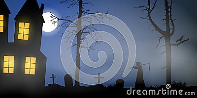 Scary vector haloween landscape with haunted house, graveyard and a death with scythe in full moon. Vector Illustration