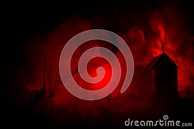 Scary view of zombies at cemetery dead tree, moon, church and spooky cloudy sky with fog, Horror Halloween concept Stock Photo