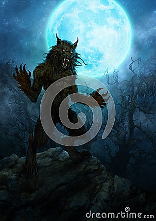 Scary werewolf with full moon - digital illustration Cartoon Illustration