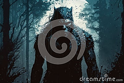 scary werewolf monster at night in forest. Generative AI illustration Cartoon Illustration