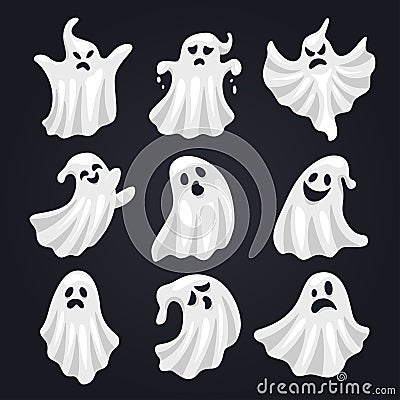 Scary white ghost horror set for halloween Vector Illustration