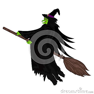 Scary witch flying on a broom Vector Illustration