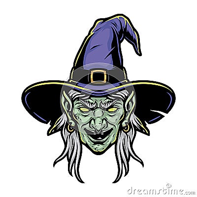 Scary witch head in purple hat Vector Illustration