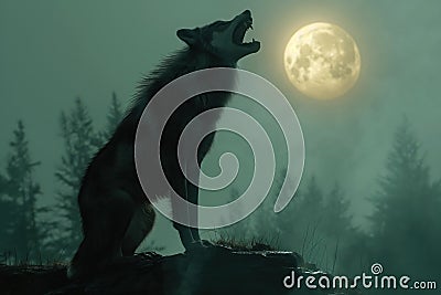 scary wolf werewolf lycanthrope howls full moon on top of mountain in forest at night Stock Photo