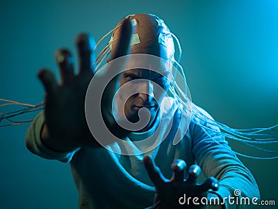 A scary young man with his head entangled in wires, uses mind control Stock Photo