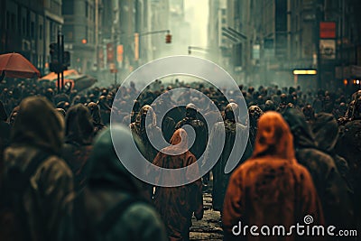 scary zombie crowd uprising in the city back view Stock Photo