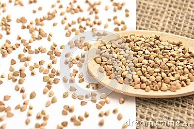 Scattered buckwheat grains. Wooden spoon. White background Stock Photo