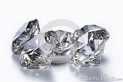 Scattered diamonds on white background close-up, created with Generative AI technology. Stock Photo