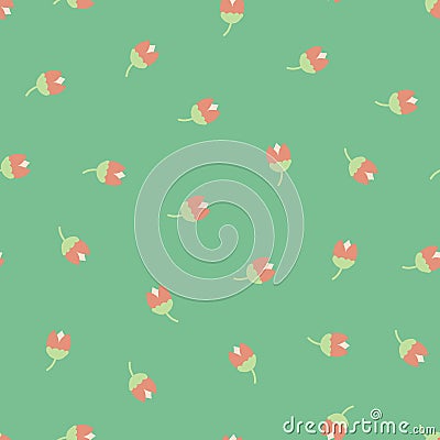 Scattered ditsy flowers green pink seamless vector pattern. Small folk florals repeating background. Scandinavian tulips Vector Illustration