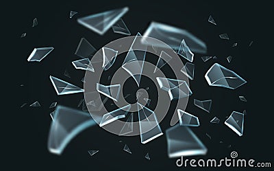 Scattered glass shatters. Realistic explosion flying sharp particles, broken transparent fragments, different 3D pieces Vector Illustration