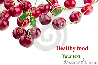 Scattered glossy cherry with tails on a white background. Isolated. Fruit border. Food background. Stock Photo