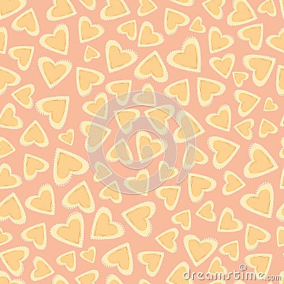 Scattered hand drawn doodle hearts in pastel yellow, pink and orange with loose scalloped edging. Seamless vector Vector Illustration