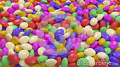 Scattered multi-colored jelly beans. Candy background image. 3D Rendering. Cartoon Illustration