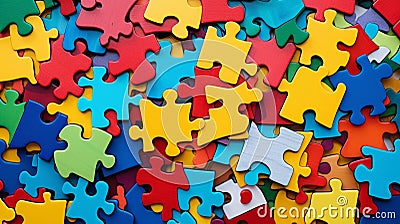 Scattered multi coloured jig saw puzzle pieces top view Stock Photo