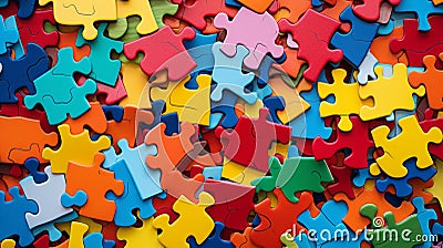 Scattered multi coloured jig saw puzzle pieces top view Stock Photo