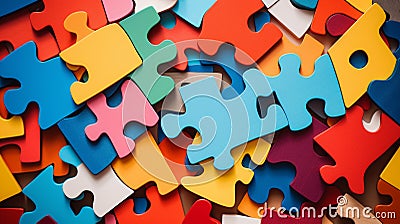 Scattered multi coloured jig saw puzzle pieces top view Stock Photo