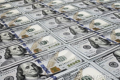 Scattered one hundred dollas banknotes close up background Stock Photo