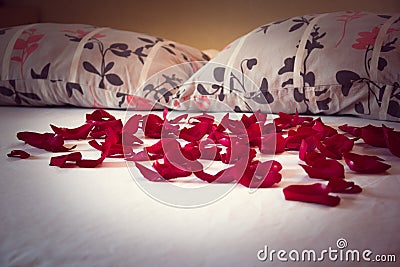 Scattered petals from red roses on a bed Stock Photo