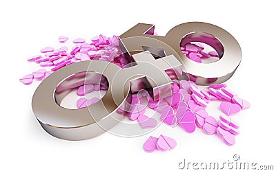 Scattered pink pill hearts sign man and woman on a white background 3D illustration, 3D rendering Cartoon Illustration