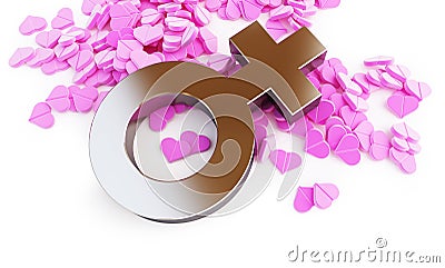 Scattered pink pill hearts sign woman on a white background 3D illustration, 3D rendering Cartoon Illustration