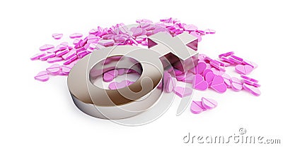 Scattered pink pill hearts sign woman on a white background 3D illustration, 3D rendering Cartoon Illustration