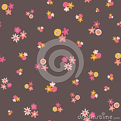 Scattered pink yellow ditsy flowers seamless vector background. Abstract floral pattern repeating texture. Scandinavian Vector Illustration