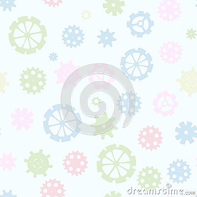 Scattered sprocket-wheels, gear silhouettes seamless pattern, pastel colors. Children`s design. Seamless pattern silhouette cut g Stock Photo