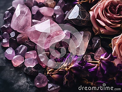Scattering of amethyst, quartz stones and rose flowers on grey surface, top view, close-up. Stock Photo